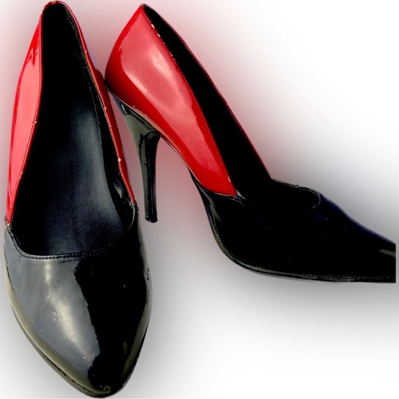80s Patent leather pumps latex style red and black Spike heels 👠 Vintage - Picture 6 of 12